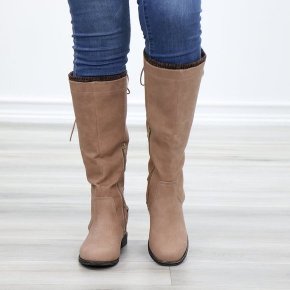 Taupe Warm Winter Mid Calf Lace Back Boots - Picture 3 of 15